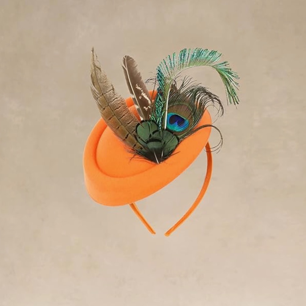 NEW, NEVER WORN Orange Feathered Pillbox Headband Fascinator- perfect for Derby
